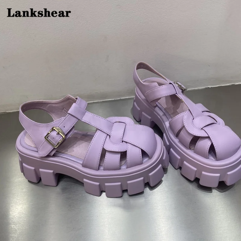 

Candy-Colored Thick-Soled Baotou Sandals for Women Sweet Style French Braided Beach Thick-Heeled Hollow Roman Sandals Ladies
