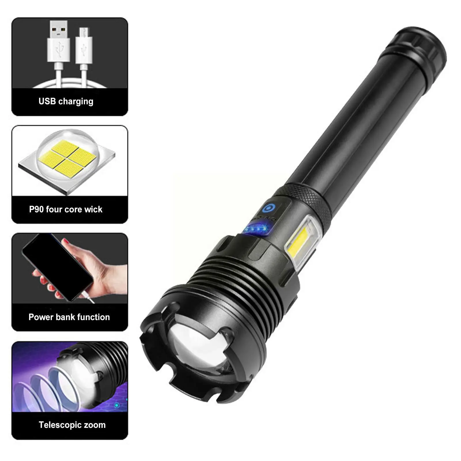 Outdoor Led Tactical Flashlight Usb Rechargeable Quad-core Zoom Beads Strong Cob Lamp Flashlight Light Wick 2500lm P90 T3p8
Outdoor Led Tactical Flashlight Usb Rechargeable Quad-core Zoom Beads Strong Cob Lamp Flashlight Light Wick 2500lm P90 T3p8