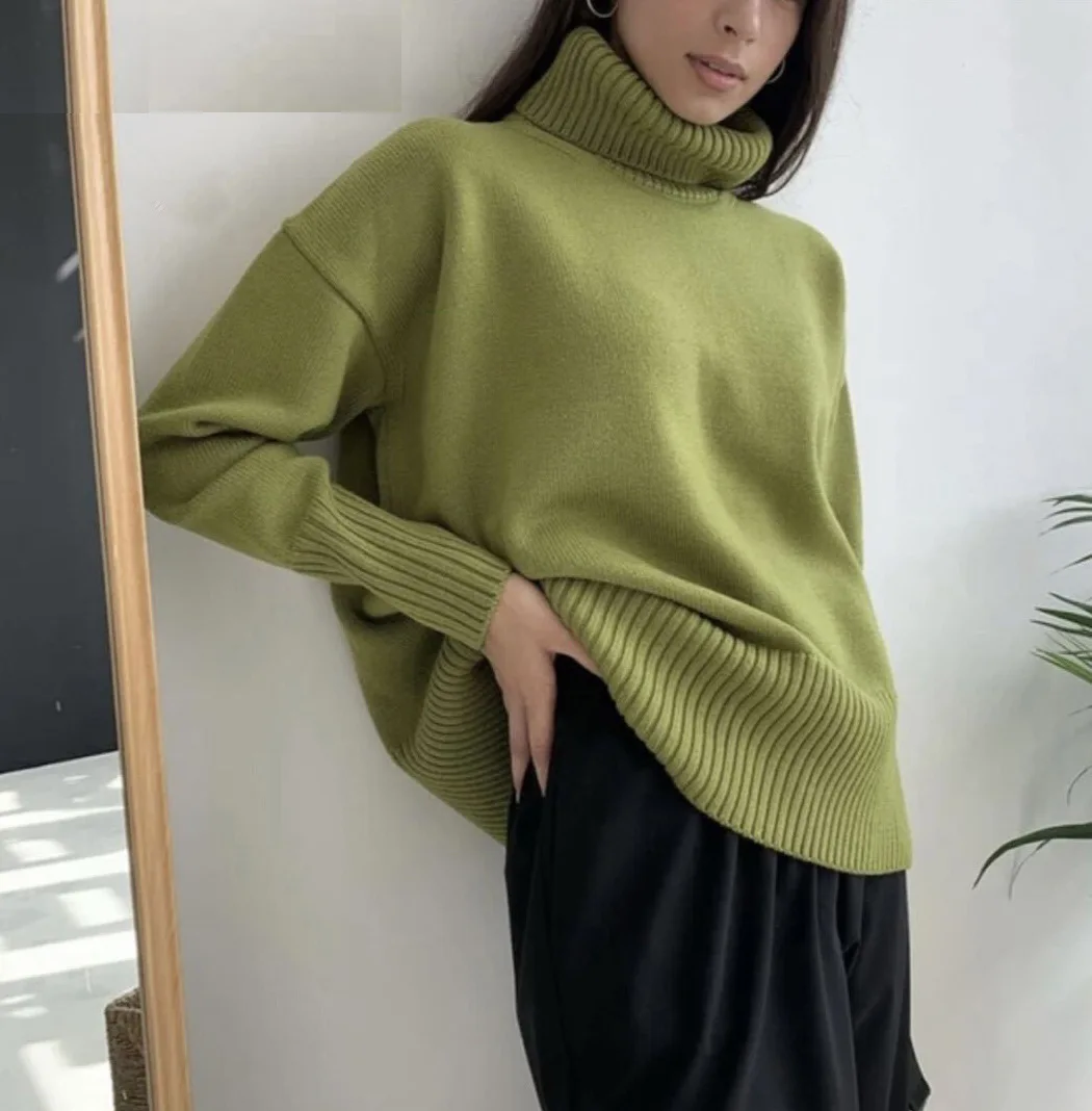 

autumn winter Women's turtleneck Knit Pullover Solid Color Turtleneck Loose Casual thicken warm Sweater Senior Fashion Sweater