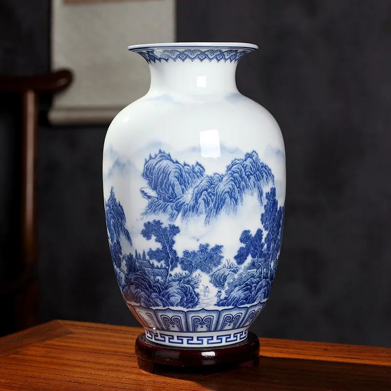 

Керамика Цзиндэчжэнь, неглазурованная сине-белая фарфоровая Новая ваза в китайском стиле, украшение для гостиной, Цветочная композиция