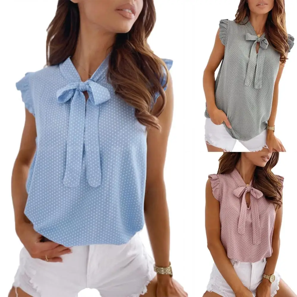 

Blouse Shirt Casual Office Lady Sleeveless Ruffled Edges Polka Dot Neck Strap Blouse