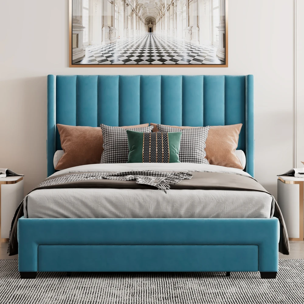 

Двуспальная кровать для хранения бархатная мягкая платформа кровать с большим выдвижным ящиком-синий
