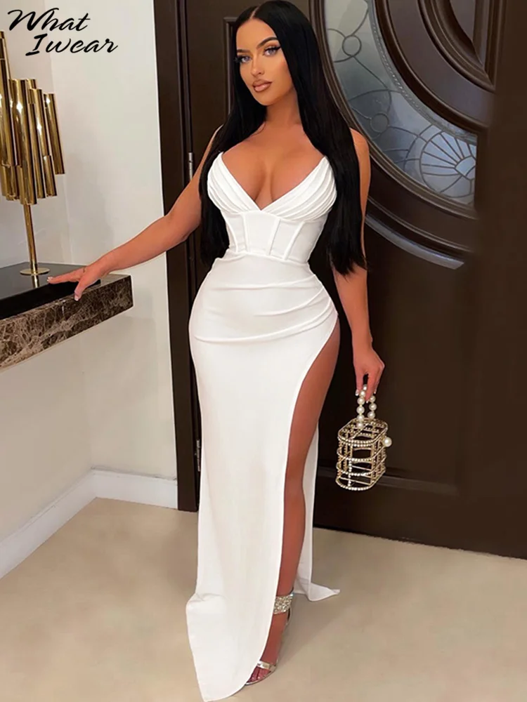 Whatiwear Minimalist Classic Maxi Dress Women Elegant Solid Fashion Folds Side Split Robe Sexy V-Neck Cleavage Party Style Wear 
Whatiwear Minimalist Classic Maxi Dress Women Elegant Solid Fashion Folds Side Split Robe Sexy V-Neck Cleavage Party Style Wear