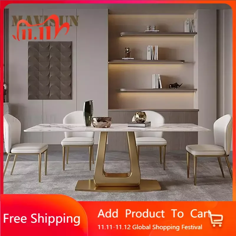 

Luxurious Dining Room Sets Steel Base Plate Kitchen Furniture Glossy Rock Board Rectangle Tabletop 70 Inch Golden Dining Table