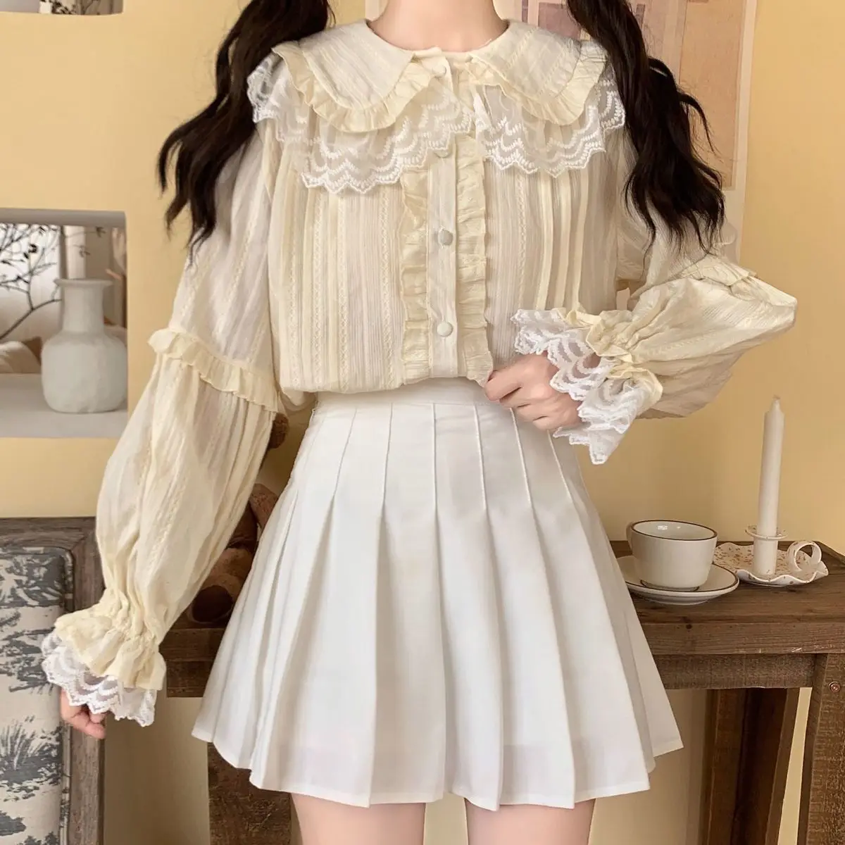 Kawaii Lace Shirt Apricot White Doll Collar Long Lantern Sleeves Japanese Sweet Lolita Preppy Style Button Up Cute Tops
Kawaii Lace Shirt Apricot White Doll Collar Long Lantern Sleeves Japanese Sweet Lolita Preppy Style Button Up Cute Tops