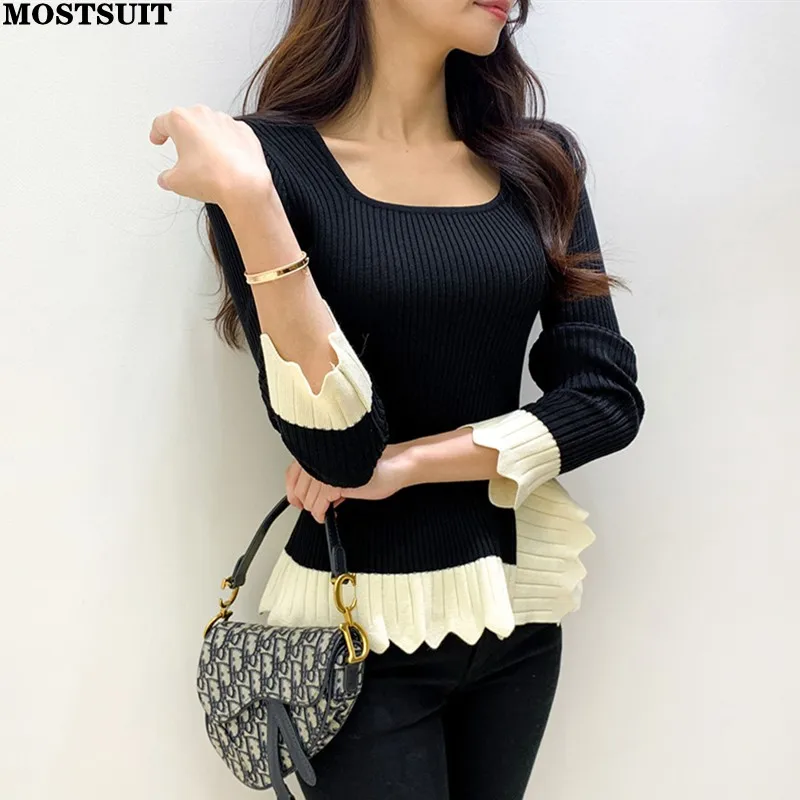 Korean Slim Knitted Sweater Tops Women 2023 Spring Color-blocked Stylish Ruffles Spliced Pullovers Long Sleeve Square Collar Top
Korean Slim Knitted Sweater Tops Women 2023 Spring Color-blocked Stylish Ruffles Spliced Pullovers Long Sleeve Square Collar Top