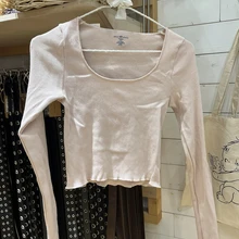 Pink Ribbed Basic Crop Top Women Scoop Neck Soft Cotton Long Sleeve T-shirts Chic Harajuku Sweet Cute Simple Slim y2k tops