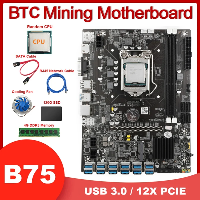 B75 USB-BTC Mining Motherboard CPU+4G DDR3 Memory+120G SSD+Cooling Fan+SATA Cable+RJ45 Network Cable LGA1155 DDR3 MSATA
B75 USB-BTC Mining Motherboard CPU+4G DDR3 Memory+120G SSD+Cooling Fan+SATA Cable+RJ45 Network Cable LGA1155 DDR3 MSATA