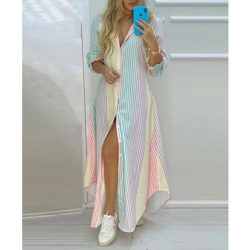 Women Shirt Dress Summer Striped Print Loose High Waist Dress Women Long Sleeve Single-Breasted Turn-down Collar Irregular Dress
Women Shirt Dress Summer Striped Print Loose High Waist Dress Women Long Sleeve Single-Breasted Turn-down Collar Irregular Dress