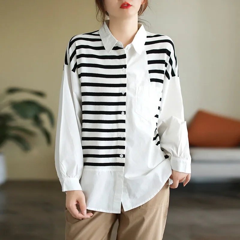 New Arrival Spring Arts Style Women Long Sleeve Turn-down Collar Loose Casual Shirts Patchwork Stripe Cotton Blouse Tops C767 
New Arrival Spring Arts Style Women Long Sleeve Turn-down Collar Loose Casual Shirts Patchwork Stripe Cotton Blouse Tops C767
