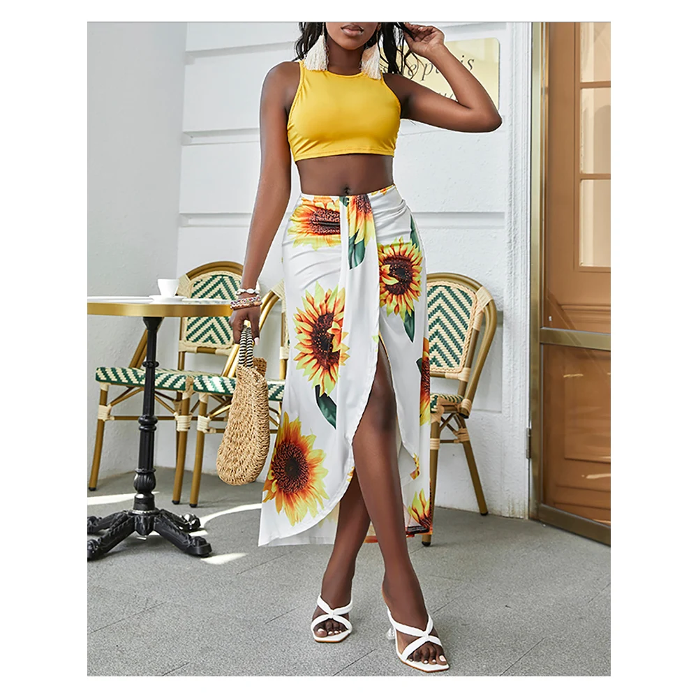

Chicme Summer Fashion Woman Plain Crop Top & Sunflower Print Slit Maxi Sunflower O-neck Slit Sleeveless Skirt Set