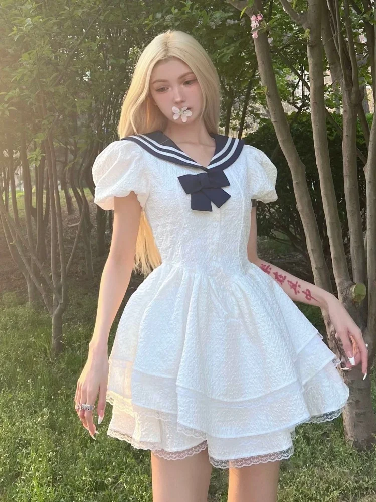 White Kawaii Lolita Dress Sweet Cute Bow Ruffles Patchwork Sailor Collar Preppy Style ini Dresses Suer Short Sleeve
White Kawaii Lolita Dress Sweet Cute Bow Ruffles Patchwork Sailor Collar Preppy Style ini Dresses Suer Short Sleeve