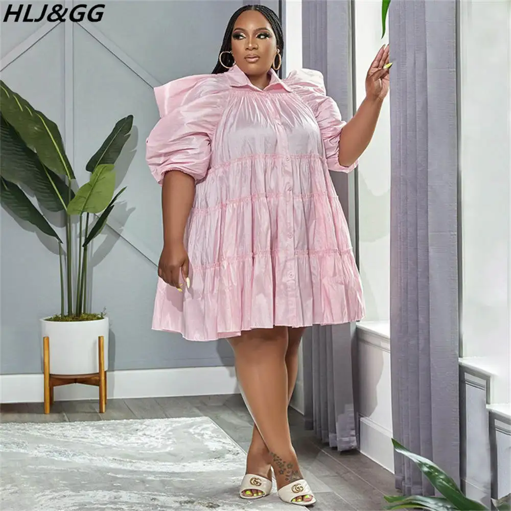 

HLJ&GG Plus Size Women Ruched Mini Dresses Elegant Puff Sleeves Solid Color A-line Dress Summer Turndown Button Shirt Vestidos