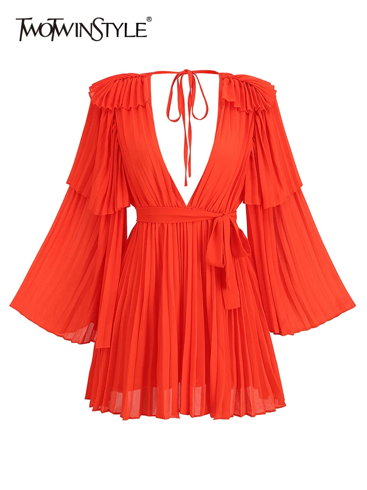 TWOTWINSTYLE Solid Spliced Lace Up Dresses For Women V Neck Flare Sleeve Backless Patchwork Folds Chic Dress Female Fashion 2023
TWOTWINSTYLE Solid Spliced Lace Up Dresses For Women V Neck Flare Sleeve Backless Patchwork Folds Chic Dress Female Fashion 2023