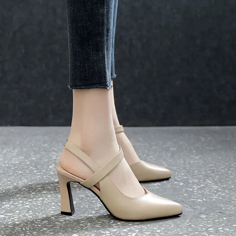 

Остроносые сандалии для женщин, Новинка лета 2023, стильные однотонные туфли на толстом каблуке Baotou, модная сексуальная женская обувь на высоком каблуке
