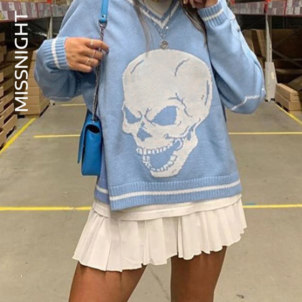 Missnight Skull Sweater Graphic Pullover Woman Sweaters Long Sleeve Top V Neck Gothic Stitching Fall Winter Clothing
Missnight Skull Sweater Graphic Pullover Woman Sweaters Long Sleeve Top V Neck Gothic Stitching Fall Winter Clothing