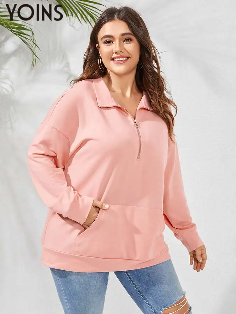 

YOINS Women Hoodies Autumn Long Sleeve Solid Pink Sweatshirts Fashion Half Zip Design Lapel Collar Pocket Tops Outwear Plus Size