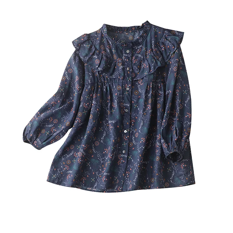 Женская винтажная рубашка с оборками, однобортная блузка с круглым вырезом и рукавом три четверти, 2022 
Женская винтажная рубашка с оборками, однобортная блузка с круглым вырезом и рукавом три четверти, 2022