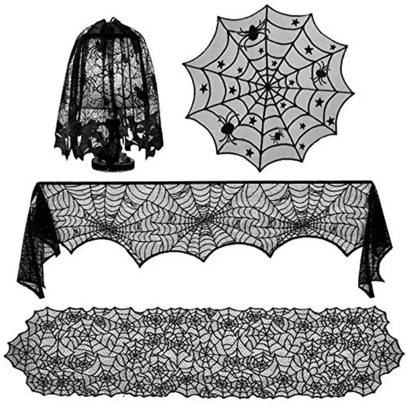 

Halloween Decorative Bats Curtains Black Lace Spider Web Holiday Stove Towel Lampshade Fireplace Cloth Decor for Spooky Festival