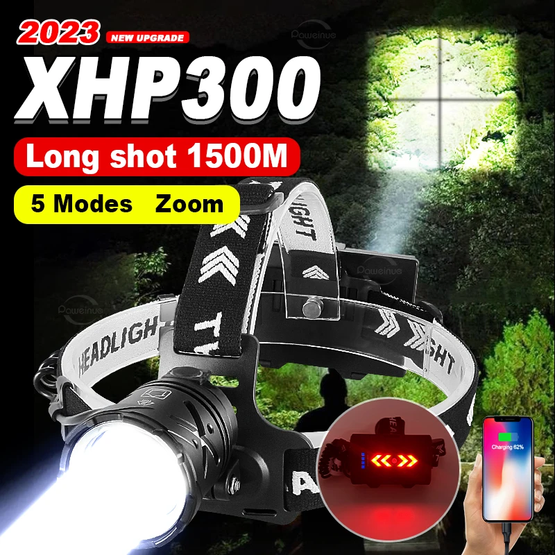 

Супер яркий светодиодный налобный фонарь высокой мощности XHP300 Led Headlamp 18650 Аккумуляторные налобные фонари Мощные USB перезаряжаемые рыболовные фонари