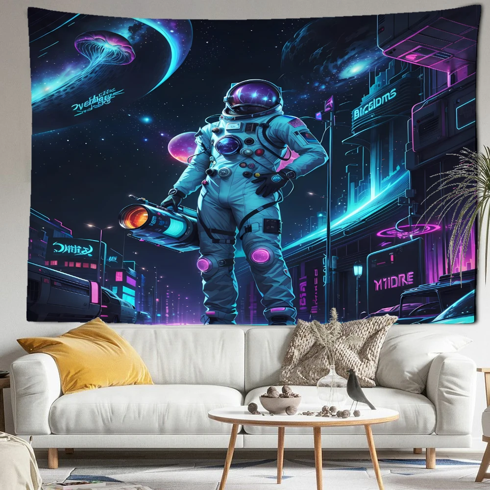 

Neon Street Astronaut Tapestry Wall Hanging Psychedelic Minimalist Art Hippie Tapiz Mysterious Home Decor Background Fabric