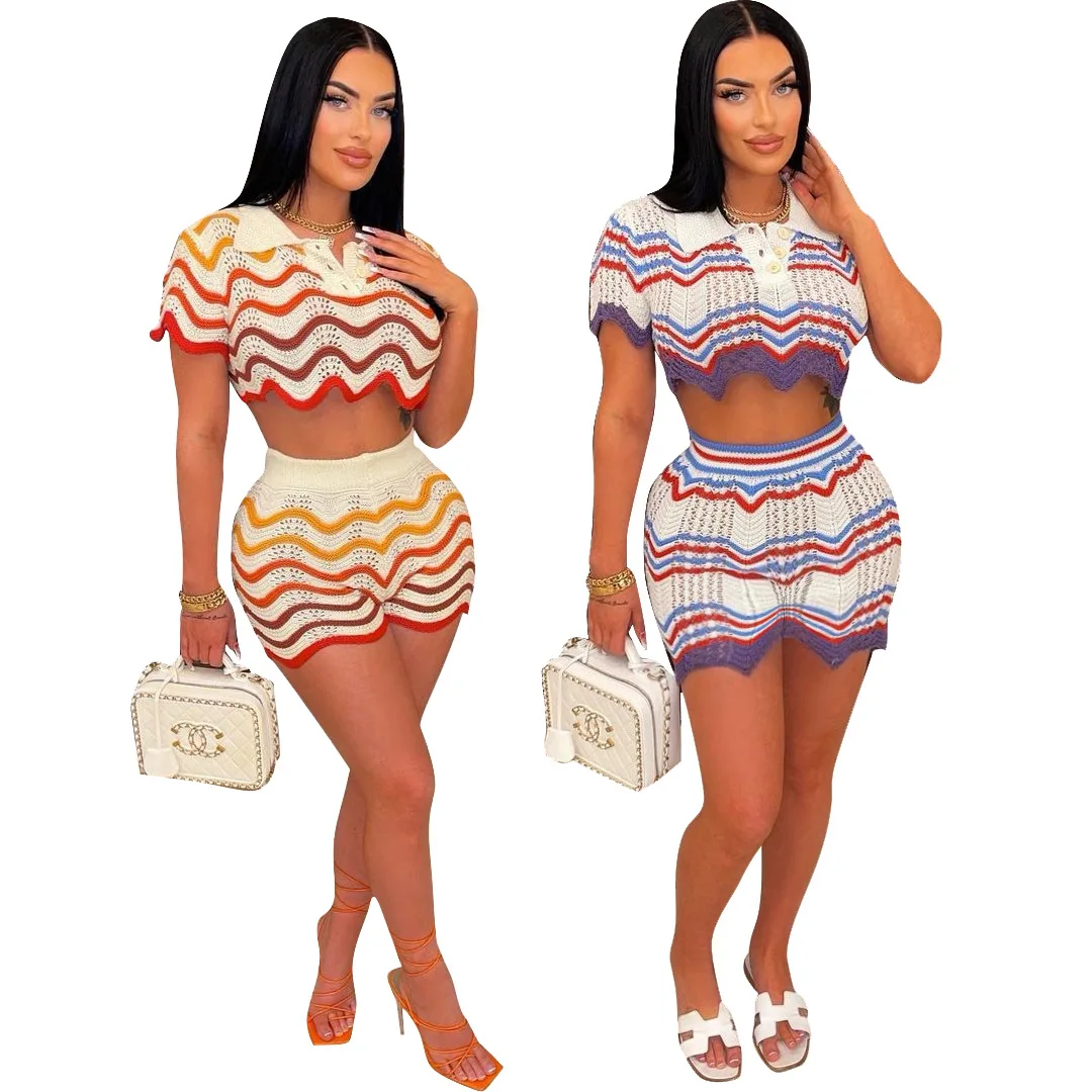 Knitted Striped Patchwork Two Piece Set Women Casual Crop Tshirts+Stretchy High Waist Shorts Female Streetwear Crochet Outfits
Knitted Striped Patchwork Two Piece Set Women Casual Crop Tshirts+Stretchy High Waist Shorts Female Streetwear Crochet Outfits