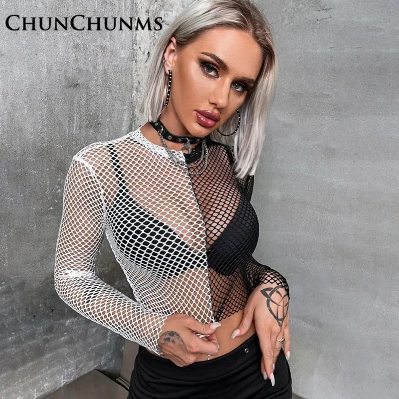 2022 Summer Sexy Black White Splicing Mesh T-shirt For Women Nightclub Street Long Sleeve Crop Top Long Sleeve Fall Blouse Tee l 
2022 Summer Sexy Black White Splicing Mesh T-shirt For Women Nightclub Street Long Sleeve Crop Top Long Sleeve Fall Blouse Tee l