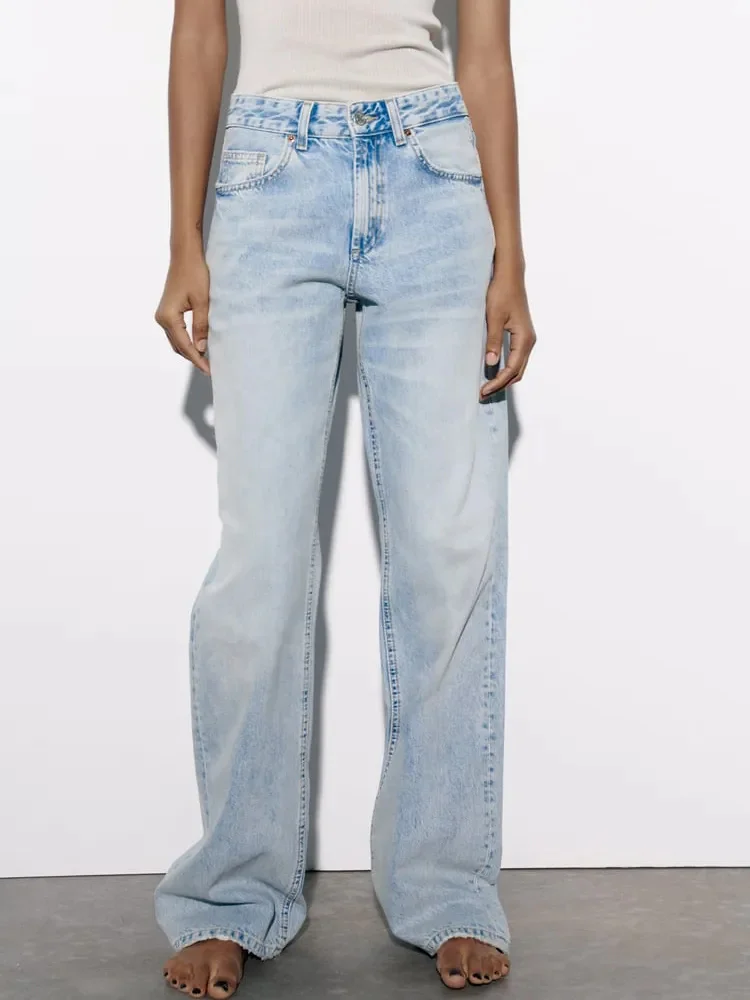 

Повседневные однотонные женские джинсы со средней талией, джинсовые брюки на молнии с широкими штанинами для женщин, уличная одежда, винтажные женские брюки макси, осень 2023