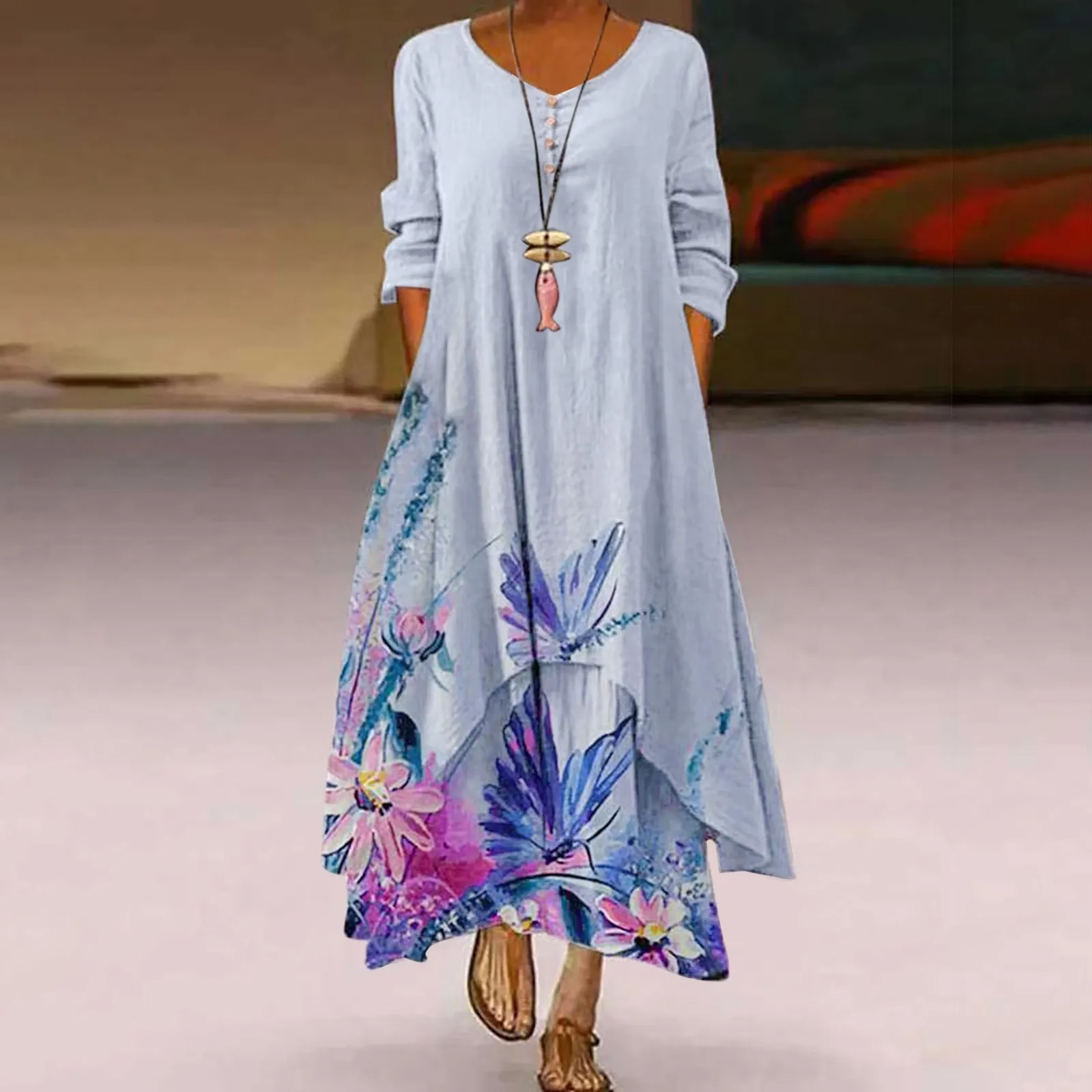 Summer 2022 Floral Print Long Dress Women Casual Long Sleeve V Neck Beach Dress Irregular Loose Elegant Button Maxi Dresses
Summer 2022 Floral Print Long Dress Women Casual Long Sleeve V Neck Beach Dress Irregular Loose Elegant Button Maxi Dresses