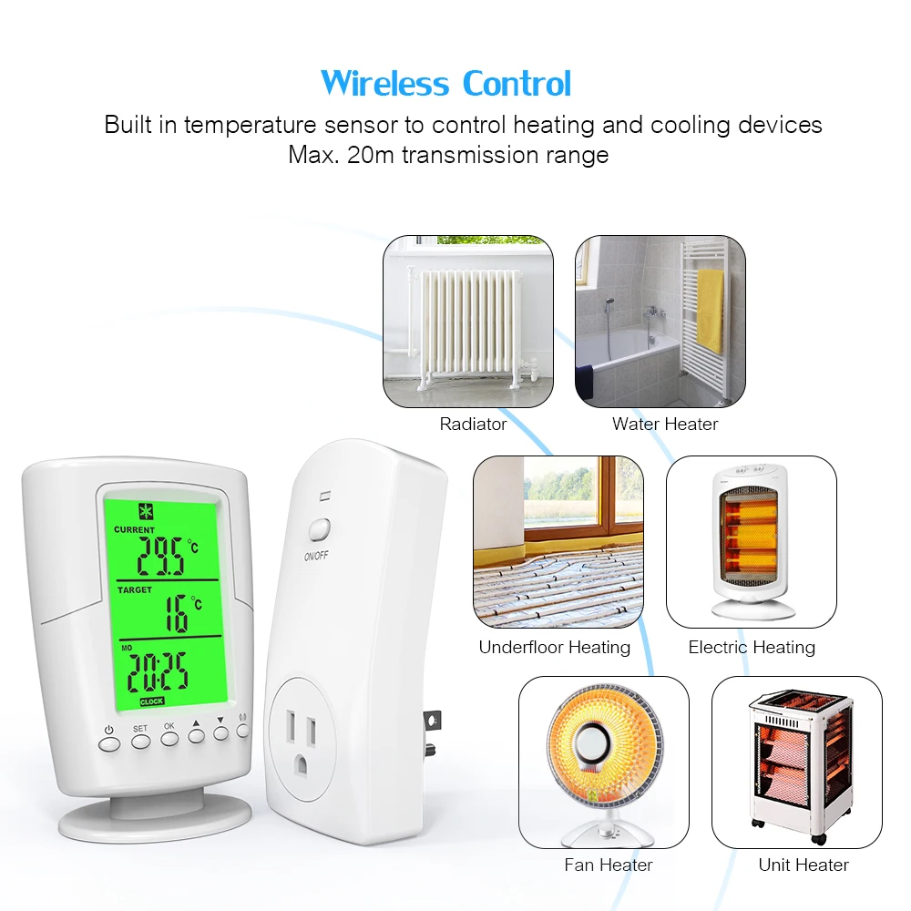 Smart Programmable Wireless Remote Thermostat + Plug in Socket Heating Cooling Program Temperature Controller 16A 13A 15A
Smart Programmable Wireless Remote Thermostat + Plug in Socket Heating Cooling Program Temperature Controller 16A 13A 15A