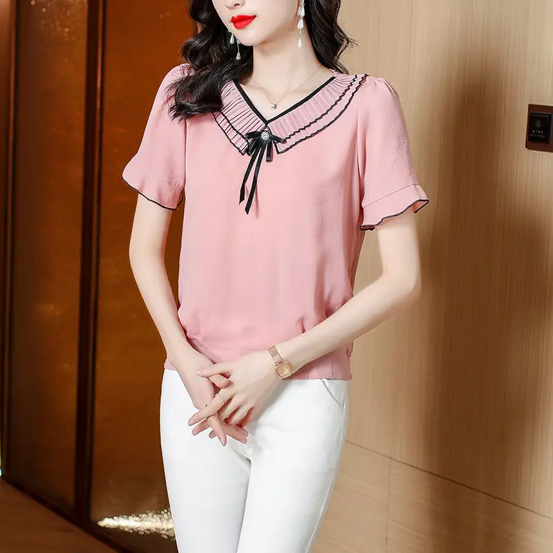 

2023 Summer New Simplicity Korean Version Solid Color Loose Peter Pan Collar Spliced Bow Commute All-match Casual Top T-shirt