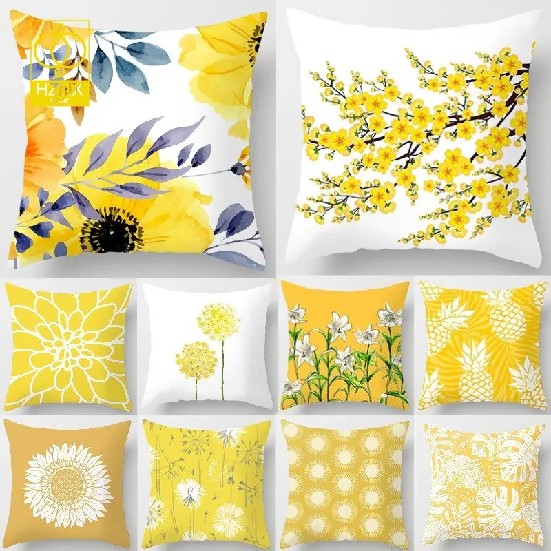 

Yellow Series Flower Pillow Case Living Room Guestroom Sofa Leaf Pillowcase Home Hotel Office Decorative Throw Cushion Cover