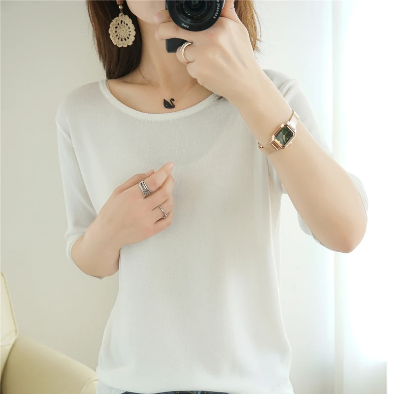 Summer New Thin Knitted Round Neck Short-Sleeved T-Shirt Women's Ice Silk Outer Wear Top Net Red Solid Color All-Match Pullover
Summer New Thin Knitted Round Neck Short-Sleeved T-Shirt Women's Ice Silk Outer Wear Top Net Red Solid Color All-Match Pullover