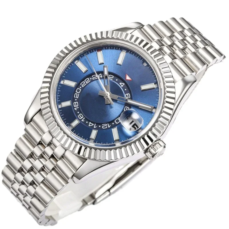 Часы мужские механические с автоподзаводом, Роскошные наручные часы из нержавеющей стали с сапфировым стеклом, с двойным временем, черные голубые золотые 
Часы мужские механические с автоподзаводом, Роскошные наручные часы из нержавеющей стали с сапфировым стеклом, с двойным временем, черные голубые золотые