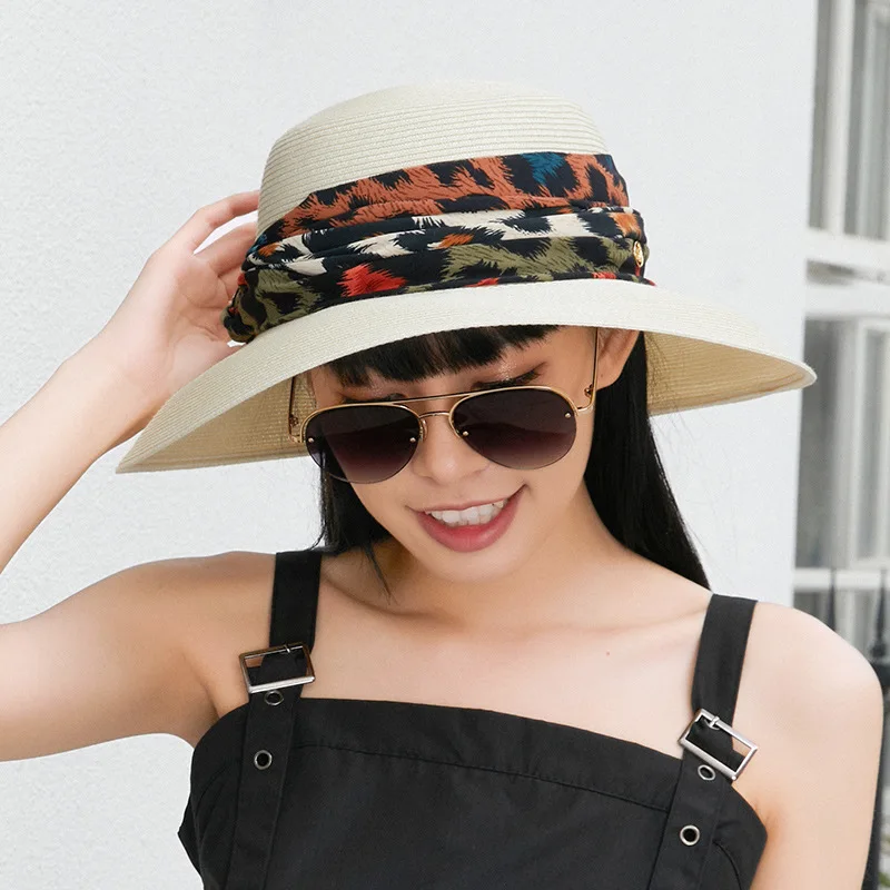 

Новая летняя соломенная шляпа для женщин, леопардовая лента, шляпы-ведра, Дамская флоппи Панама, складная модная уличная туристическая пляж...