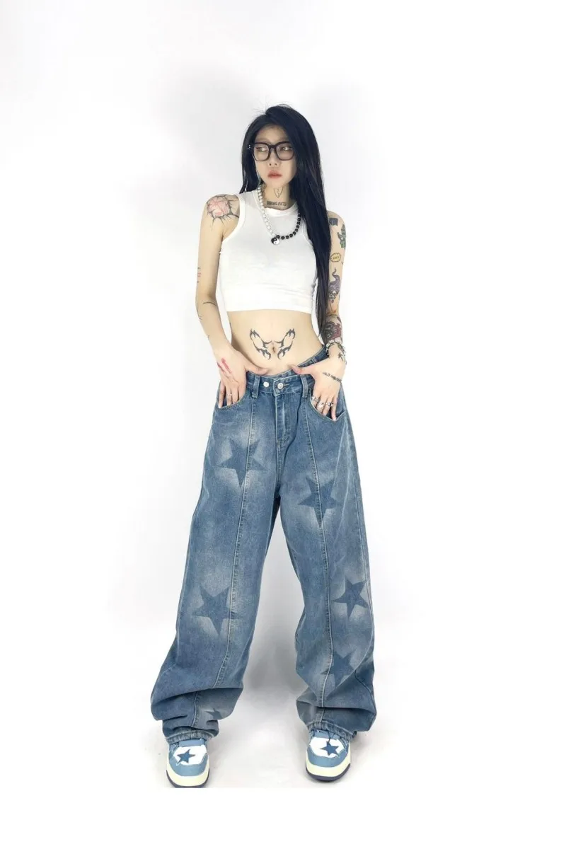 

Женские джинсы с принтом в стиле ретро, свободные, милые и стильные драпированные брюки с прямыми штанинами