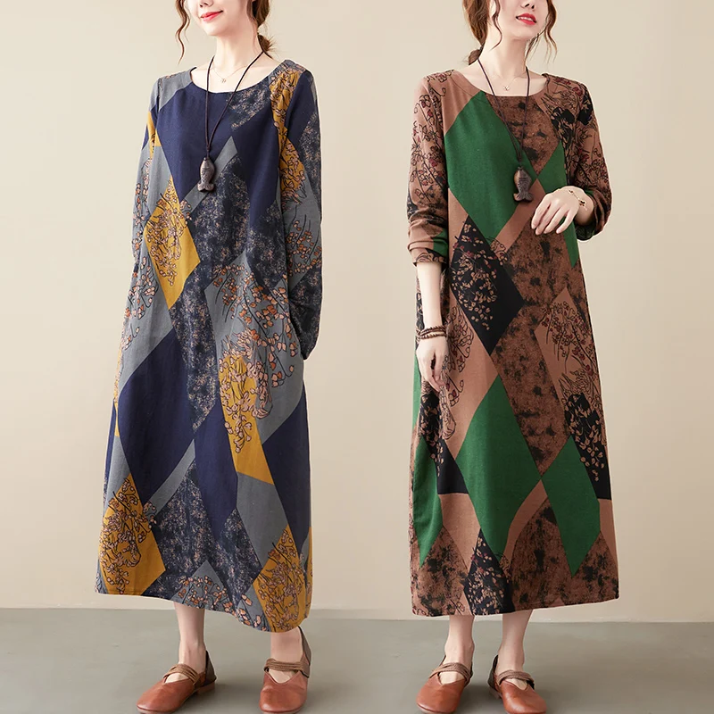 Literature And Art Retro Geometric Printed Cotton Linen Long Sleeved Dress Loose And Casual In Spring Long Skirt With Bottom
Literature And Art Retro Geometric Printed Cotton Linen Long Sleeved Dress Loose And Casual In Spring Long Skirt With Bottom