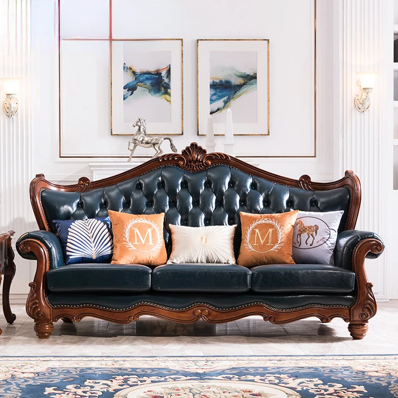 American solid wood sofa living room family large set European leather art sofa light luxury 123 combination 
American solid wood sofa living room family large set European leather art sofa light luxury 123 combination