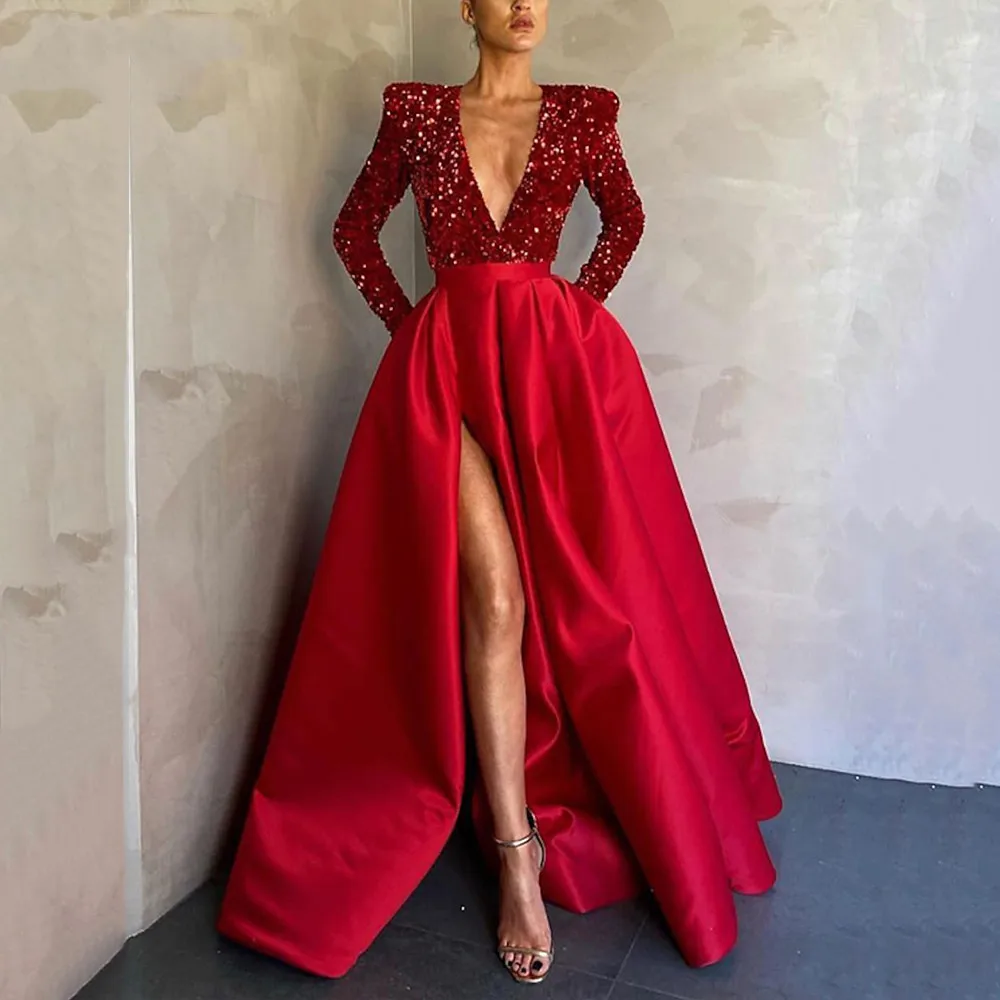 A-Line Evening Dresses Sparkle Shine Dress Party Wear Formal Evening Floor Length V Neck Long Sleeve Satin with Pockets Slit
A-Line Evening Dresses Sparkle Shine Dress Party Wear Formal Evening Floor Length V Neck Long Sleeve Satin with Pockets Slit