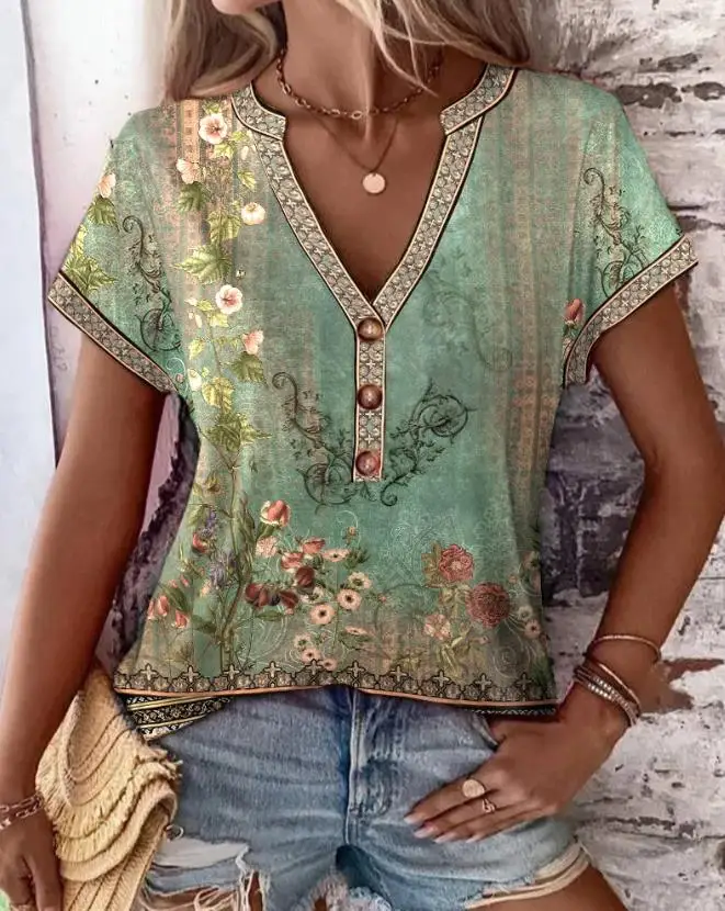 

Floral Tribal Print Design Notch Neck Buttoned Casual T-shirt 2023 Summer New arrival Hot Sale Women's Fashion V-Neck Top
