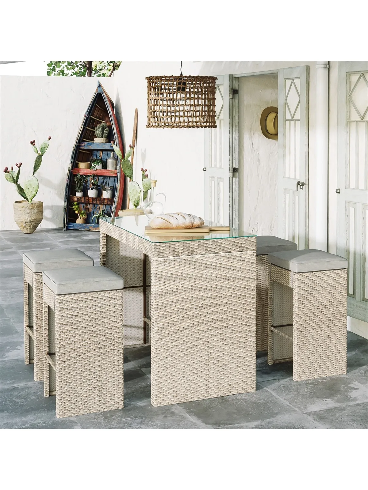 5-piece Rattan Outdoor Patio Furniture Set Bar Dining Table Set with 4 Stools, Gray Cushion+Gray Wicker
5-piece Rattan Outdoor Patio Furniture Set Bar Dining Table Set with 4 Stools, Gray Cushion+Gray Wicker