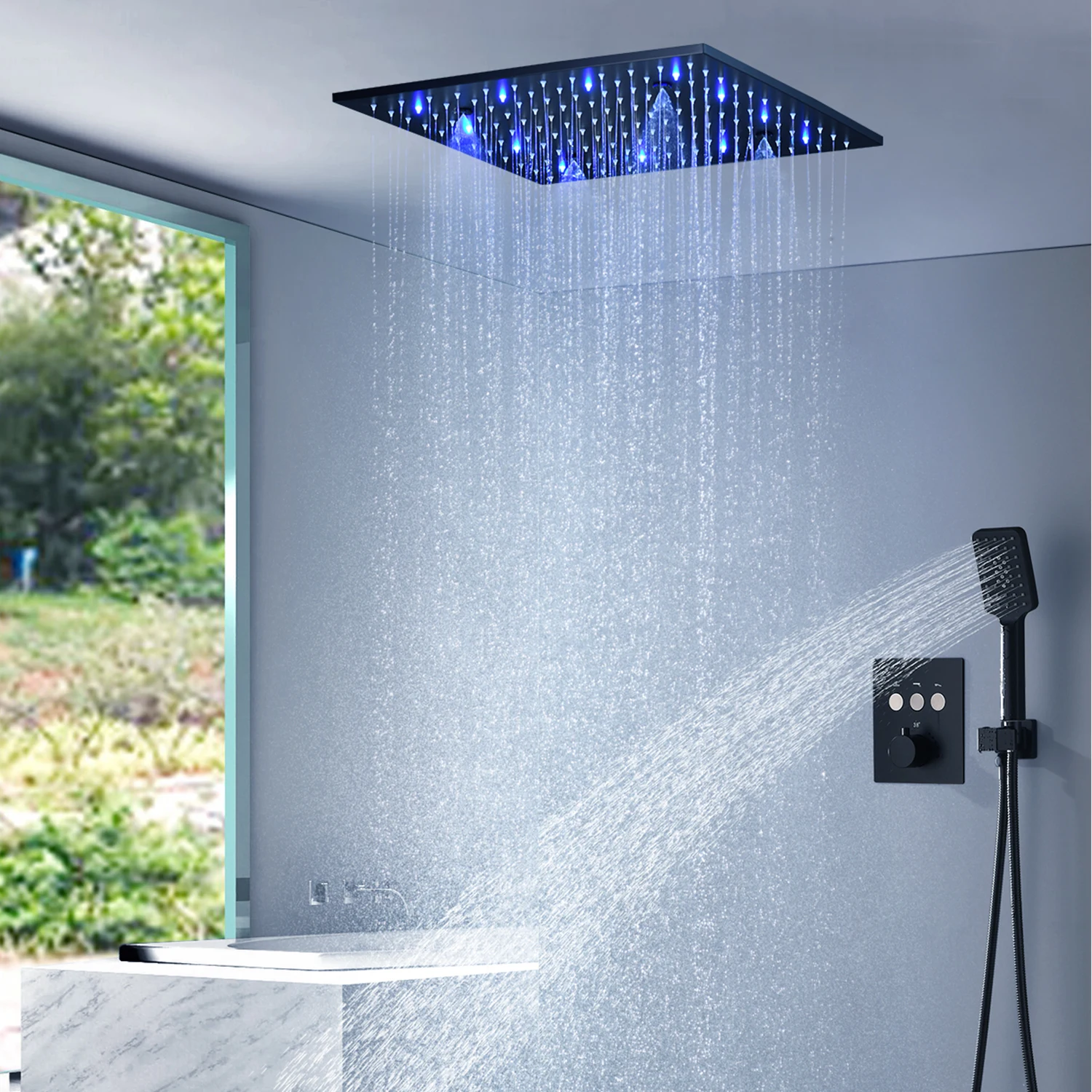 

hm Bathroom Black LED Shower Set 16Inches/20Inchs Misty Rainfall ShowerHead Panel Button Thermostatic Mixer Faucets System