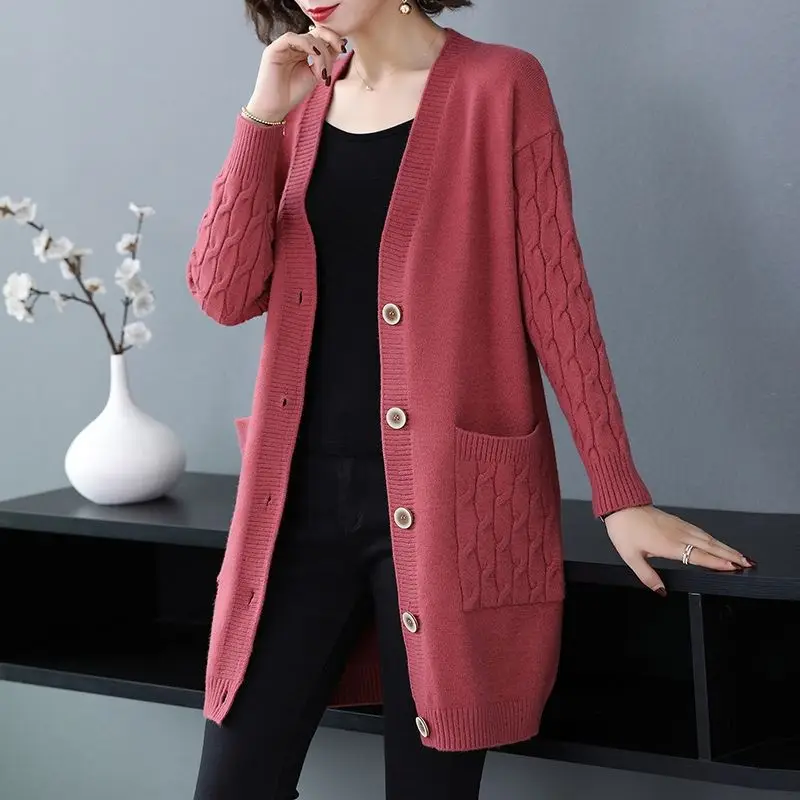 

Spring Fall V-neck Knitted Cardigan Women's Mid-length Oversize 4xl Elegant Sweater Coats Casual Basic Slim Knitewear Outwear