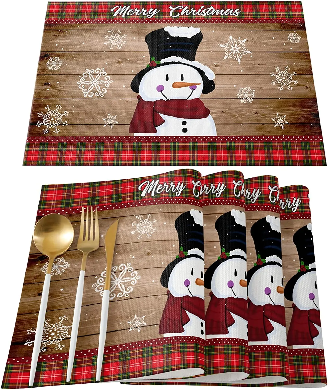 

Merry Christmas Placemats Set of 4 Smile Snowman with Red Scarf Place Mat Desktop Decoration Snowflake on Retro Wooden