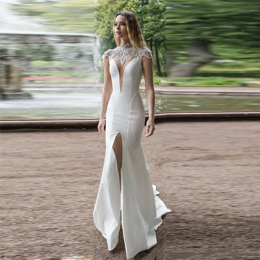 Mermaid Dress Wedding Dress, High Neck Beaded Lace Trim, Satin Front Split Wedding Dress, Custom Color Size
Mermaid Dress Wedding Dress, High Neck Beaded Lace Trim, Satin Front Split Wedding Dress, Custom Color Size
