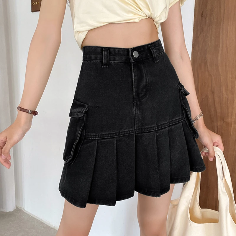 

Женская джинсовая мини-юбка Ailegogo, черная джинсовая мини-юбка с высокой талией в уличном стиле, плиссированная летняя юбка