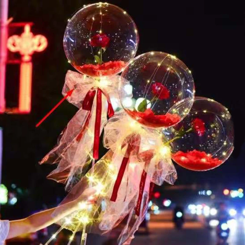 

LED Luminous Balloon Rose Bouquet Transparent Bobo Ball Rose Valentines Day Gift Birthday Wedding Party Decoration Balloons