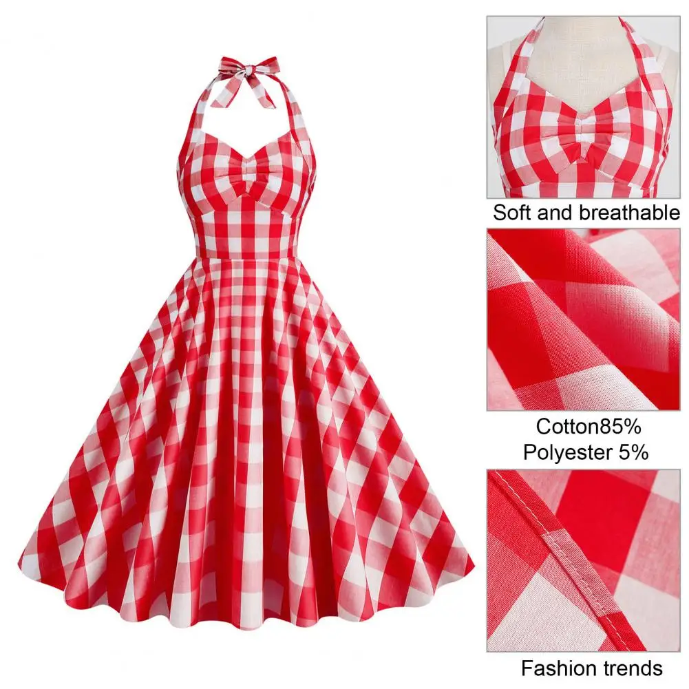 

Swing Dress Skater Hem Dress Vintage-inspired 1950s Pink Plaid Dress Lace-up Bowknot Halter Hidden Zipper for Cocktail