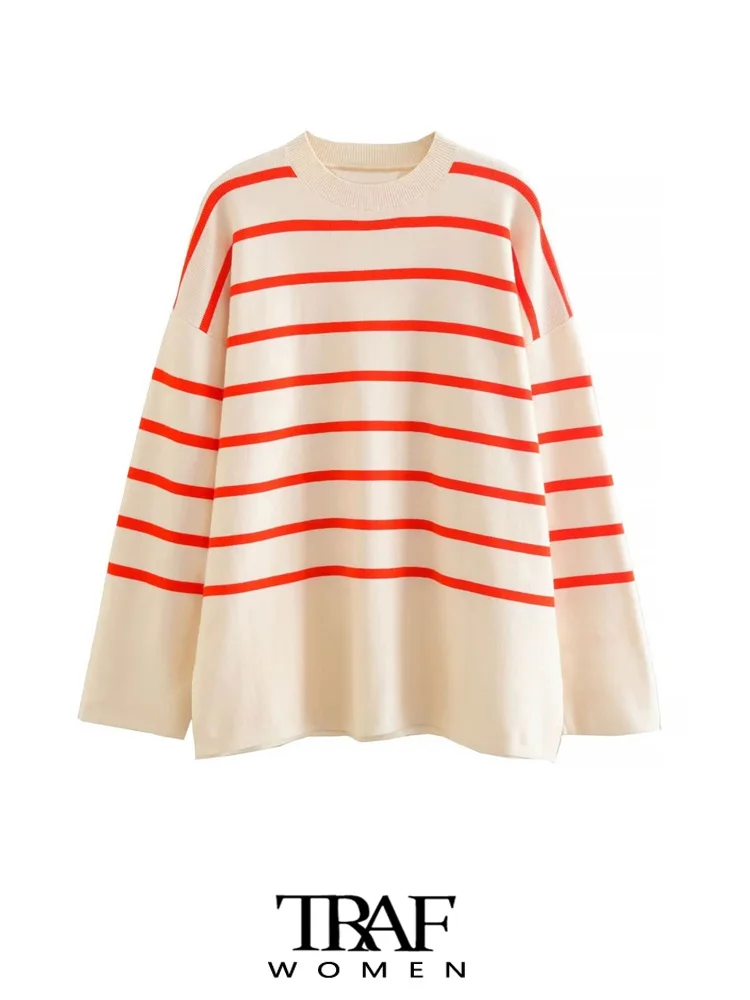 Женский свободный вязаный свитер в полоску, с длинным рукавом
Женский свободный вязаный свитер в полоску, с длинным рукавом