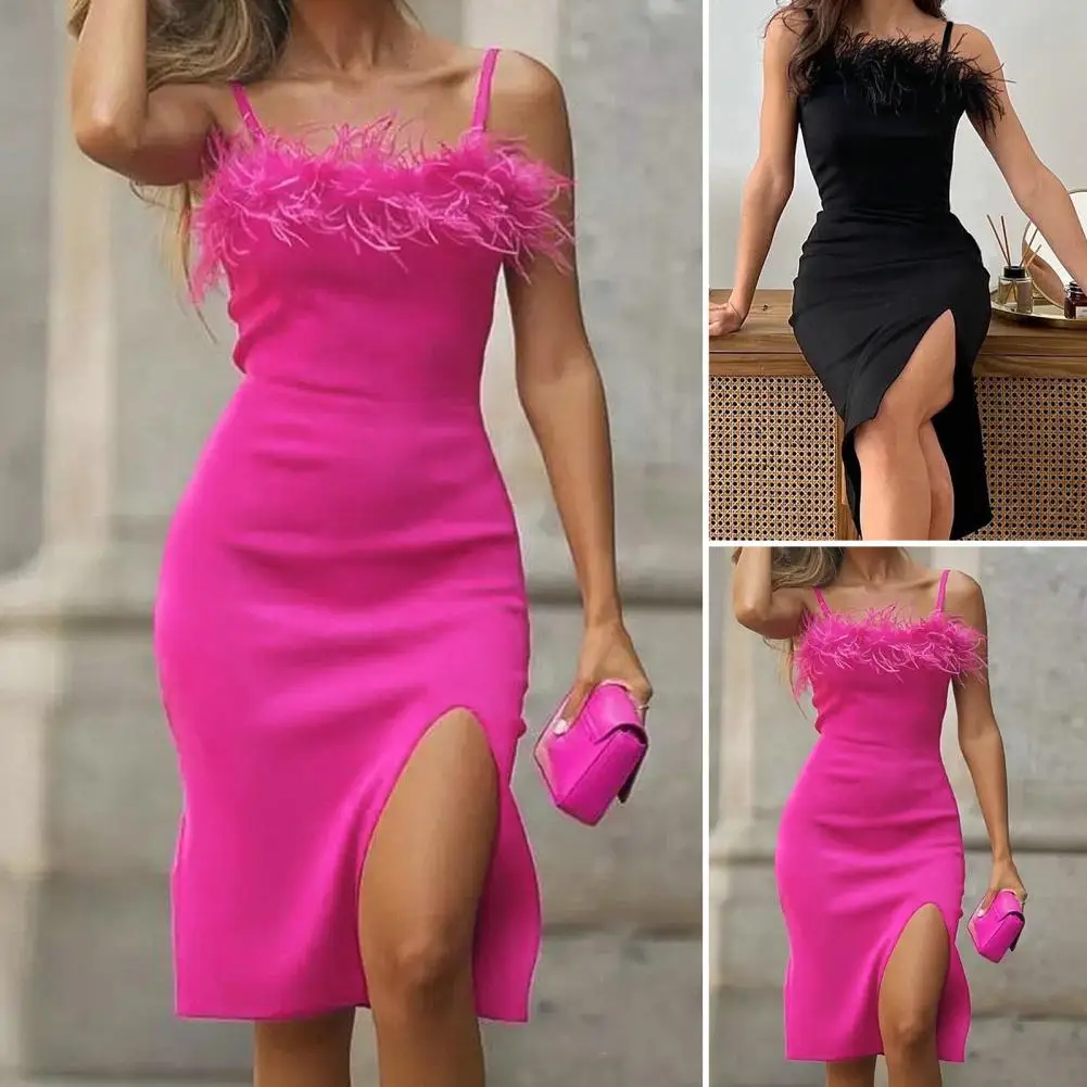 Charming Autumn Dress Feather Stitching Collar Dressing Up Waist Tight Side Split Hem Spaghetti Straps Party Dress
Charming Autumn Dress Feather Stitching Collar Dressing Up Waist Tight Side Split Hem Spaghetti Straps Party Dress